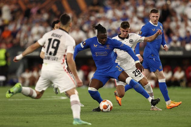Jesper Lindstrom (Eintracht Frankfurt) and Calvin Bassey (Rangers FC) battle for the ball during UEFA Europa League 2022 Final - Eintracht vs Rangers, football Europa League match in Seville, Spain, May 18 2022  Copyright: xFrancescoxScaccianocex xipa-agenx xx 0