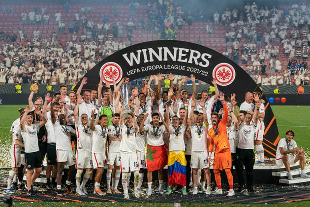 SOCCER - UEFA EL, Frankfurt vs Glasgow SEVILLA,SPAIN,18.MAY.22 - SOCCER - UEFA Europa League, final, Eintracht Frankfurt vs Glasgow Rangers. Image shows the rejoicing of Frankfurt.  GEPAxpictures xJohannesxFriedl