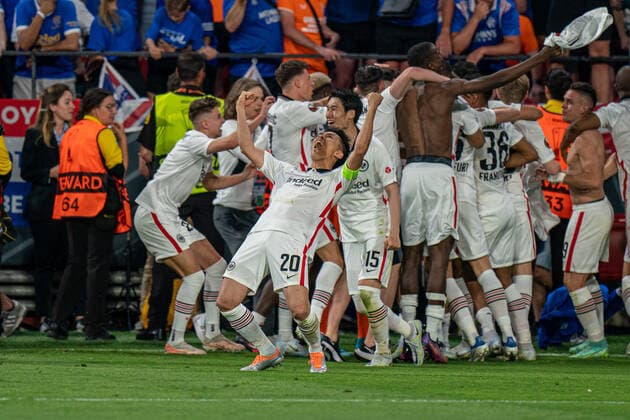 SOCCER - UEFA EL, Frankfurt vs Glasgow SEVILLA,SPAIN,18.MAY.22 - SOCCER - UEFA Europa League, final, Eintracht Frankfurt vs Glasgow Rangers. Image shows the rejoicing of Frankfurt.  GEPAxpictures xJohannesxFriedl