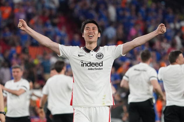 Daichi Kamada Eintracht Frankfurt celebrating victory after winning the UEFA Europa League Seville 18 05 2022 Eintracht Frankfurt vs Glasgow Rangers, UEFA Europa League Final, Ramon Sanchez Pizjuan Stadium Seville