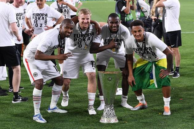 Soccer Europa League Final Eintracht Frankfurt Glasgow Rangers on 18 05 2022 at Estadio Ramon Sanchez Pizjuan in Seville V l n r Almamy Toure Frankfurt , Martin Hinteregger Frankfurt , Evan Ndicka Frankfurt , Lucas Silva Melo Tuta Frankfurt xHDx