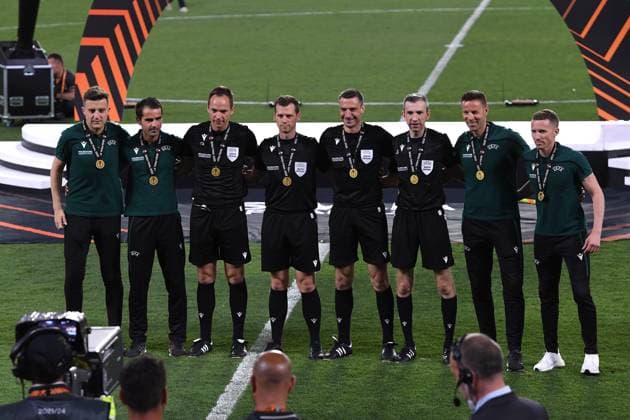 Soccer Europa League Final Eintracht Frankfurt Glasgow Rangers on 18 05 2022 at Estadio Ramon Sanchez Pizjuan in Seville Award ceremony Referees Slavko Vincic, Srdjan Jovanovic, Tomaz Klancnik, Andraz Kovacic, Pol van Boekel, Jure Praprotnik, Alejandro Hernandez, Roberto Diaz xHDx
