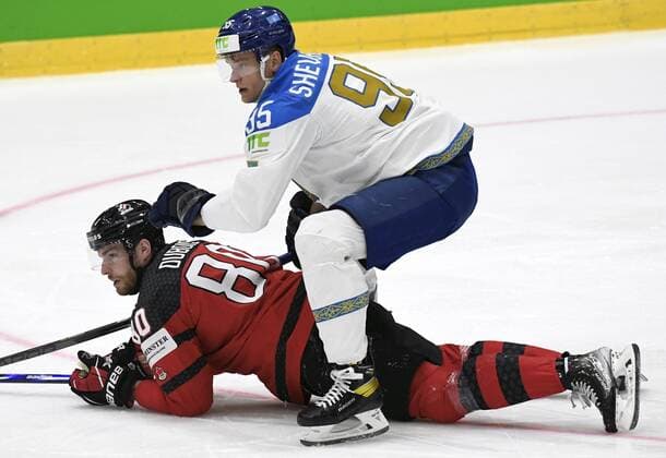 Pierre-Luc Dubois of Canada (bottom) and Dmitri Shecchenko of Kazakhstan in action during the 2022 IIHF Ice hockey, Eishockey World Championships preliminary round group A match between Canada and Kazakhstan in Helsinki on May 19, 2022. Helsinki Finland LKLAPJ20220519214048N745  Copyright: xJussixNukarix