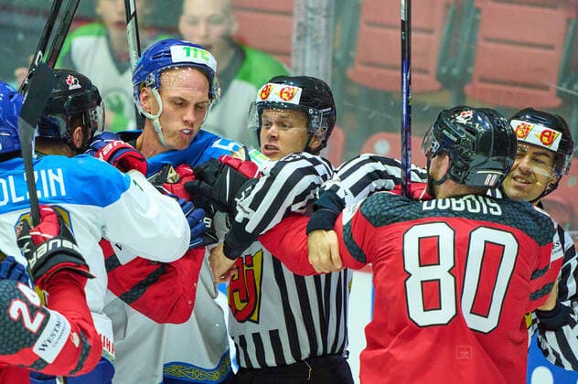 Pierre-Luc Dubois Nr. 80 of Canada fight against Viktor Svedberg Nr. 58 of Kazakhstan in the match CANADA - KAZAKHSTAN of the IIHF Ice hockey, Eishockey World Championship, WM, Weltmeisterschaft Group B in Helsinki, Finland, May 19, 2022, Season 2021 2022