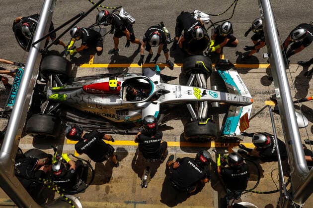 Mercedes AMG Petronas F1 Team during pit stop practice, F1 Grand Prix of Spain at Circuit de Barcelona Catalunya on May 20, 2022 in Barcelona, Spain Photo by HOCH ZWEI Barcelona Spain