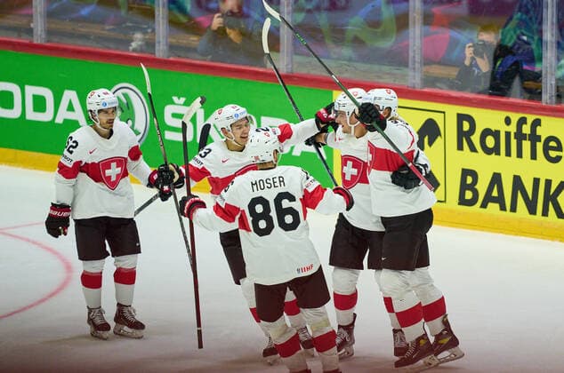 Michael FORA, SUI 45 celebrates his goal, happy, laugh, celebration, 1-1 with Timo Meier Nr. 28 of Switzerland Philipp Kurashev Nr. 23 of Switzerland Janis Moser Nr. 86 of Switzerland Denis Malgin, SUI 62 in the match CANADA - SWITZERLAND of the IIHF Ice hockey, Eishockey World Championship, WM, Weltmeisterschaft Group B in Helsinki, Finland, May 21, 2022, Season 2021 2022