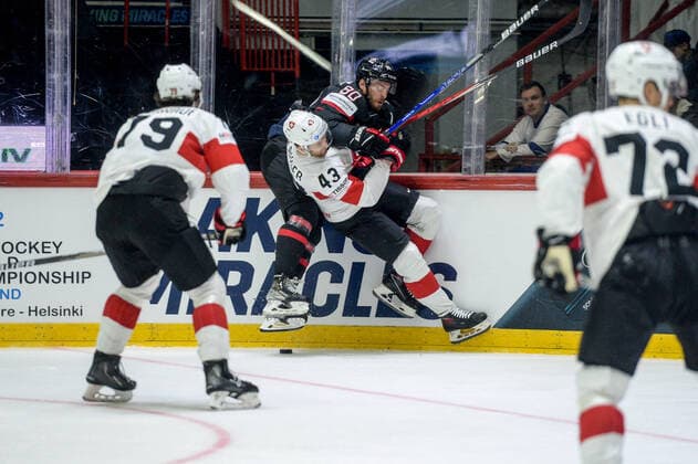 21 05 2022, Helsinki, Helsinki Ice Hall, 2022 IIHF Ice Hockey World Championship Canada Switzerland, 80 Pierre Luc Dubois Canada against 43 Andrea Glauser Switzerland Helsinki Helsinki Ice Hall Uusimaa Finland  Copyright: xJustPictures.ch AndreaxBrancax