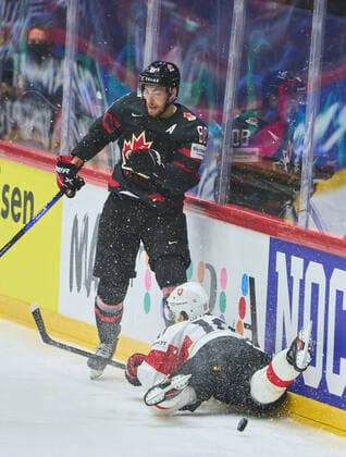 Pierre-Luc Dubois Nr. 80 of Canada compete, fight for the puck against, Andres Ambuhl Nr. 10 of Switzerland foul in the match CANADA - SWITZERLAND of the IIHF Ice hockey, Eishockey World Championship, WM, Weltmeisterschaft Group B in Helsinki, Finland, May 21, 2022, Season 2021 2022