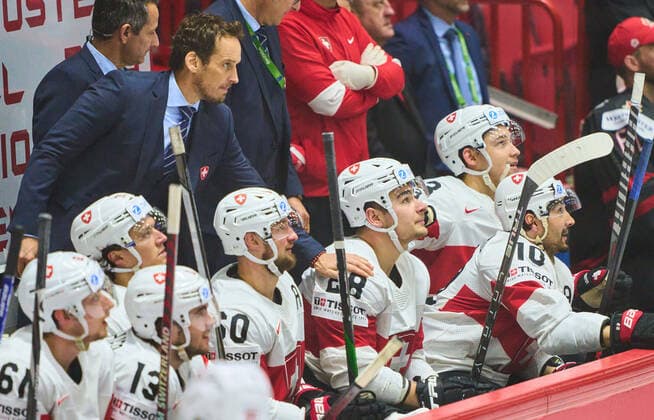 Timo Meier Nr. 28 of Switzerland celebrates his 3-6 goal, happy, laugh, celebration, with Head coach Patrick Fischer of Switzerland in the match CANADA - SWITZERLAND of the IIHF Ice hockey, Eishockey World Championship, WM, Weltmeisterschaft Group B in Helsinki, Finland, May 21, 2022, Season 2021 2022