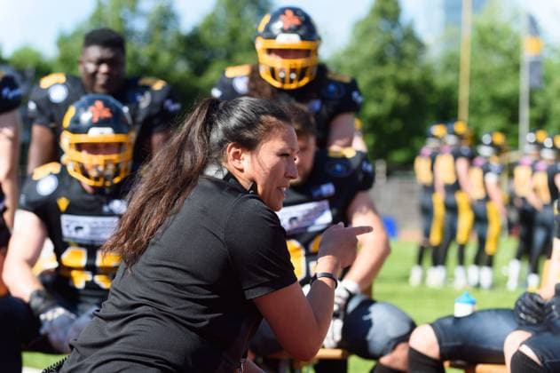 Munich, Germany, May 21th 2022: Nadine Nurasyid (Head coach) during the Sharkwater GFL match between Munich Cowboys and Marburg Mercenaries at Dantestadion, Munich. Sven Beyrich SPP Munich Cowboys - Marburg Mercenaries - Sharkwater GFL - Dantestadion 