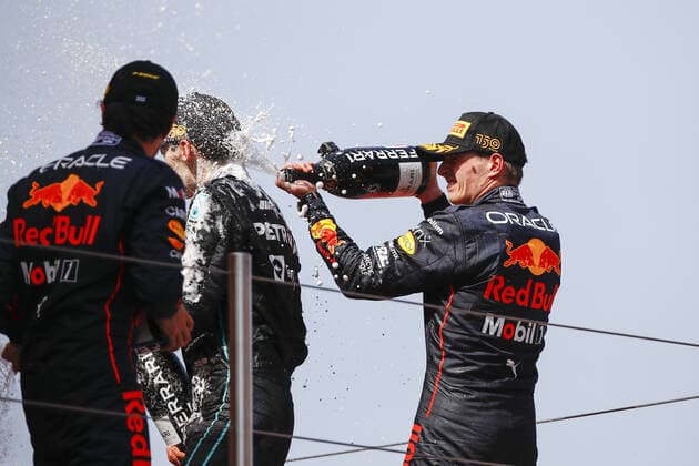 VERSTAPPEN Max (ned), Red Bull Racing RB18, portrait PEREZ Sergio (mex), Red Bull Racing RB18, portrait RUSSELL George (gbr), Mercedes AMG F1 Team W13, portrait podium during the Formula 1 Pirelli Grand Premio de Espana 2022, 6th round of the 2022 FIA Formula One World Championship, WM, Weltmeisterschaft on the Circuit de Barcelona-Catalunya, from May 20 to 22, 2022 in Montmelo, Spain - F1 - SPANISH GRAND PRIX 2022 - RACE DPPI Panoramic 00122016__B3_9169
