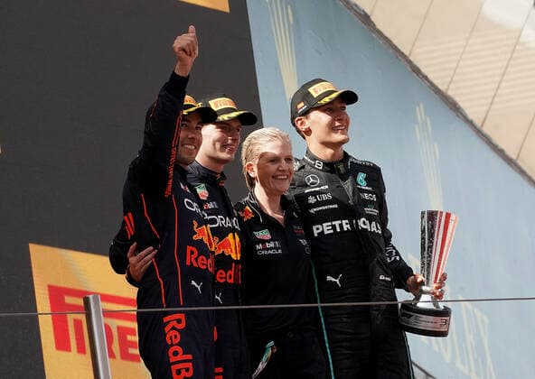 22 05 2022, Circuit de Catalunya, Barcelona, F1 Aramco Grand Prix of Spain 2022 , in picture podium winner Max Verstappen NEL , Oracle Red Bull Racing 2 place for Sergio Perez MEX , Oracle Red Bull Racing, 3 place for George Russel GBR , Mercedes AMG Petronas Formula One Team Foto EU Images Barcelona Circuit de Catalunya Catalunya Spain  eu-images-506