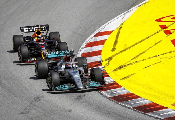 63 George Russell GBR, Mercedes AMG Petronas F1 Team , 1 Max Verstappen NLD, Oracle Red Bull Racing , F1 Grand Prix of Spain at Circuit de Barcelona Catalunya on May 22, 2022 in Barcelona, Spain Photo by HOCH ZWEI Barcelona Spain