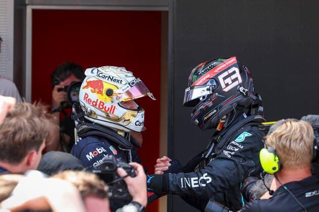 1 Max Verstappen NLD, Oracle Red Bull Racing , 63 George Russell GBR, Mercedes AMG Petronas F1 Team , F1 Grand Prix of Spain at Circuit de Barcelona Catalunya on May 22, 2022 in Barcelona, Spain Photo by HOCH ZWEI Barcelona Spain