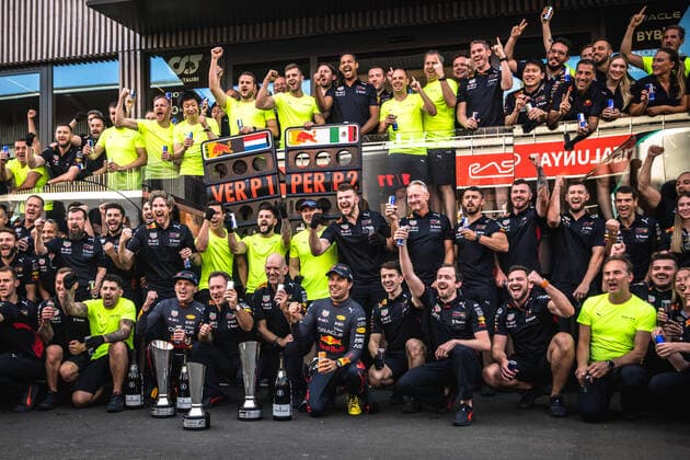 May 22, 2022, Barcelona, Catalonia, Spain: MAX VERSTAPPEN (NED) and SERGIO PEREZ (MEX) celebrate with the Red Bull Team their victory in the paddock at Circuit de Barcelona Catalunya Barcelona Spain - ZUMAo105 20220522_zap_o105_024 Copyright: xMatthiasxOesterlex