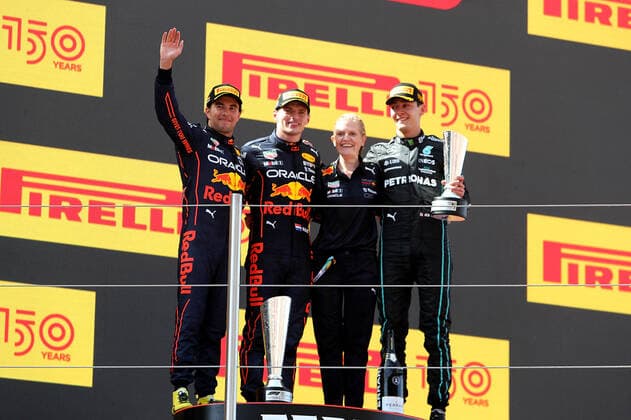 F1 Pirelli Grand Prix of Spain 2022 22 05 2022, Circuit de Catalunya, Barcelona, F1 Pirelli Grand Prix of Spain 2022 , in picture podium winner Max Verstappen NEL , Oracle Red Bull Racing, 2 place for Sergio Perez MEX , Oracle Red Bull Racing, 3 place for George Russel GBR , Mercedes AMG Petronas Formula One Team nordphotoxGmbHx xBratic nph00250