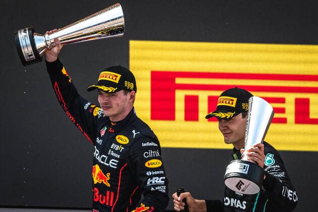 May 22, 2022, Barcelona, Catalonia, Spain: MAX VERSTAPPEN (NED) from team Red Bull and GEORGE RUSSEL (GBR) from team Mercedes dcelebrate their victory on the podium at Circuit de Barcelona Catalunya Barcelona Spain - ZUMAo105 20220522_zap_o105_025 Copyright: xMatthiasxOesterlex