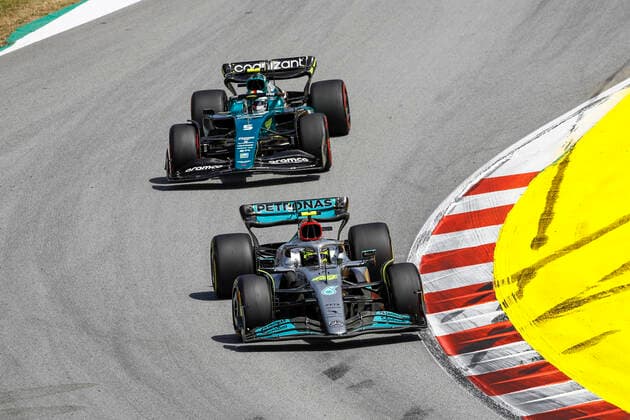 44 Lewis Hamilton GBR, Mercedes AMG Petronas F1 Team , 5 Sebastian Vettel DEU, Aston Martin Aramco Cognizant F1 Team , F1 Grand Prix of Spain at Circuit de Barcelona Catalunya on May 22, 2022 in Barcelona, Spain Photo by HOCH ZWEI Barcelona Spain