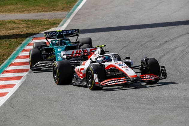47 Mick Schumacher DEU, Haas F1 Team , 5 Sebastian Vettel DEU, Aston Martin Aramco Cognizant F1 Team , F1 Grand Prix of Spain at Circuit de Barcelona Catalunya on May 22, 2022 in Barcelona, Spain Photo by HOCH ZWEI Barcelona Spain