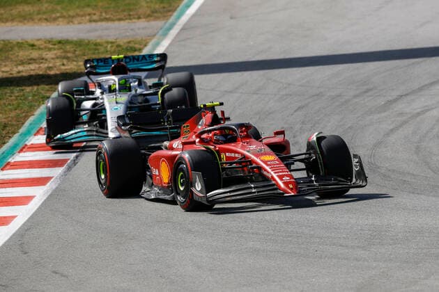 55 Carlos Sainz ESP, Scuderia Ferrari , 44 Lewis Hamilton GBR, Mercedes AMG Petronas F1 Team , F1 Grand Prix of Spain at Circuit de Barcelona Catalunya on May 22, 2022 in Barcelona, Spain Photo by HOCH ZWEI Barcelona Spain