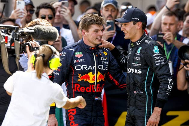 VERSTAPPEN Max (ned), Red Bull Racing RB18, portrait RUSSELL George (gbr), Mercedes AMG F1 Team W13, portrait during the Formula 1 Pirelli Grand Premio de Espana 2022, 6th round of the 2022 FIA Formula One World Championship, WM, Weltmeisterschaft on the Circuit de Barcelona-Catalunya, from May 20 to 22, 2022 in Montmelo, Spain - F1 - SPANISH GRAND PRIX 2022 - RACE DPPI Panoramic 00122016_F12022GP06ESP_JK340196