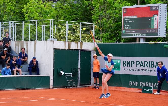 Mandatory Credit: Photo by Javier Garcia Shutterstock (12942478i) Harriet Dart serves in front of LTA coaches during her heavy first round defeat to Martina Trevisan French Open Tennis, Day 2, Roland Garros, Paris, France - 23 May 2022 French Open Tennis, Day 2, Roland Garros, Paris, France - 23 May 2022  Copyright: xJavierxGarcia Shutterstockx 12942478i