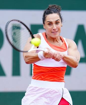 Mandatory Credit: Photo by Javier Garcia Shutterstock (12942478j) Martina Trevisan powers a backhand during her first round win over Harriet Dart French Open Tennis, Day 2, Roland Garros, Paris, France - 23 May 2022 French Open Tennis, Day 2, Roland Garros, Paris, France - 23 May 2022  Copyright: xJavierxGarcia Shutterstockx 12942478j