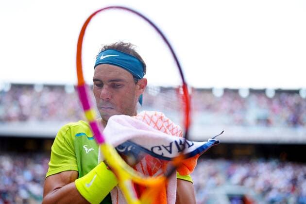 Mandatory Credit: Photo by Javier Garcia Shutterstock (12942478af) Rafael Nadal towels off during his first round match French Open Tennis, Day 2, Roland Garros, Paris, France - 23 May 2022 French Open Tennis, Day 2, Roland Garros, Paris, France - 23 May 2022  Copyright: xJavierxGarcia Shutterstockx 12942478af