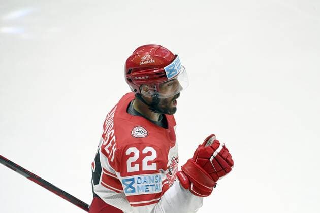 Markus Lauridsen of Denmark celebrates his game opening goal during the 2022 IIHF Ice hockey, Eishockey World Championships preliminary round group A match between Canada and Denmark in Helsinki on May 23, 2022. Helsinki Finland LKFTJK20220523203442QWDL  Copyright: xVesaxMoilanenx