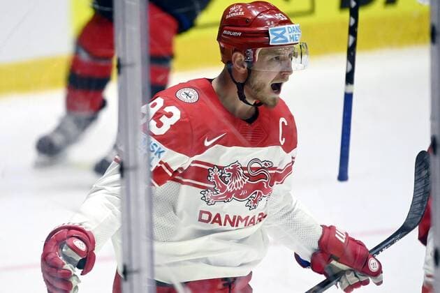 Peter Regin of Denmark celebrates his goal during the 2022 IIHF Ice hockey, Eishockey World Championships preliminary round group A match between Canada and Denmark in Helsinki on May 23, 2022. Helsinki Finland LKFTJK20220523204800PHKM  Copyright: xVesaxMoilanenx