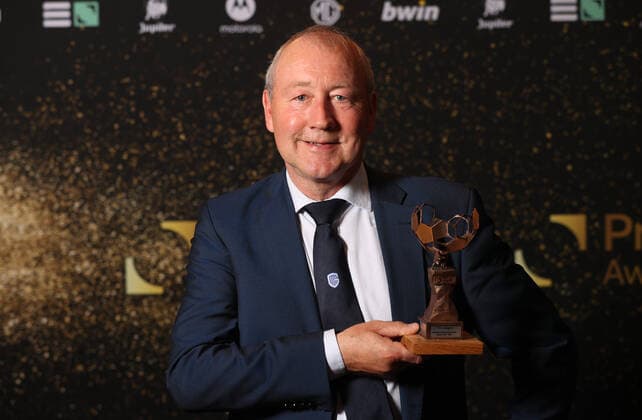Genk team manager Pierre Denier poses for the photographer with a trophy for all his career during the Pro League Awards 2022, for the best players in the first (1A) and second (1B) divisions of the Belgian soccer championships, Monday 23 May 2022 in Brussels. VIRGINIExLEFOUR  x35427125x