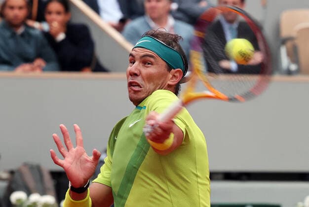 Fifth seeded Rafael Nadal of Spain returns the ball to Australian Jordan Thompson during their French Tennis Open match at Roland Garros near Paris, France, on Monday May 23, 2022. Nadal won 6-2, 6-2, 6-2.  PAR20220523127 MAYAxVIDON-WHITE
