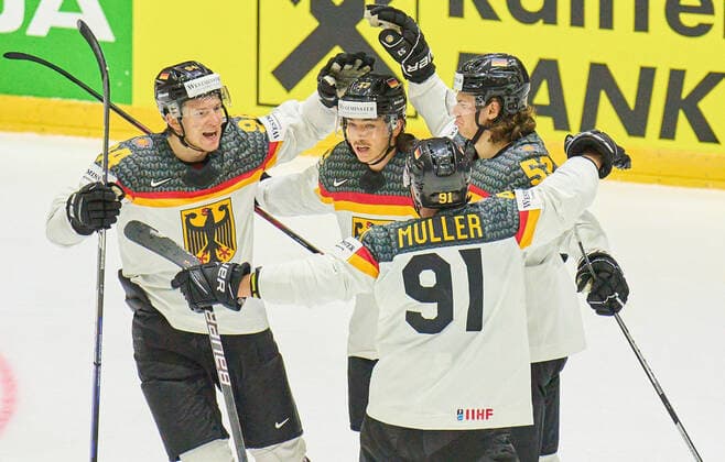 Sport Themen der Woche KW21 Sport Bilder des Tages Moritz Seider Nr.53 of Germany celebrates his assist, goal Stefan Loibl Nr.15 of Germany happy, laugh, celebration, 2-1 in the match GERMANY - SWITZERLAND IIHF Ice hockey, Eishockey World Championship, WM, Weltmeisterschaft Group A in Helsinki, Finland, May 24, 2022, Season 2021 2022
