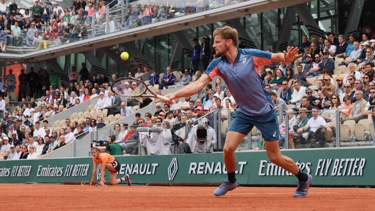 Belgian David Goffin pictured in action during a tennis match between Belgian Goffin ATP, Tennis Herren 48) and American Tiafoe (ATP 27), in the second round of the men s singles of the Roland Garros French Open tennis tournament, in Paris, France, Thursday 26 May 2022. This year s tournament takes place from 22 May to 5 June. BENOITxDOPPAGNE  x35518485x