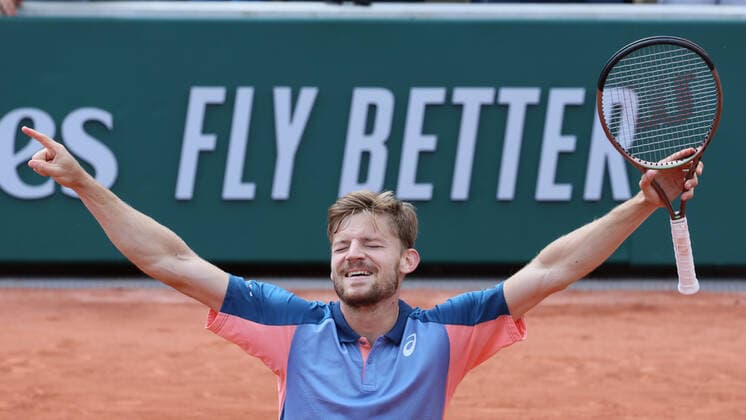 Belgian David Goffin spreads his arms as he celebrates winning a tennis match between Belgian Goffin ATP, Tennis Herren 48) and American Tiafoe (ATP 27), in the second round of the men s singles of the Roland Garros French Open tennis tournament, in Paris, France, Thursday 26 May 2022. This year s tournament takes place from 22 May to 5 June. BENOITxDOPPAGNE  x35519237x