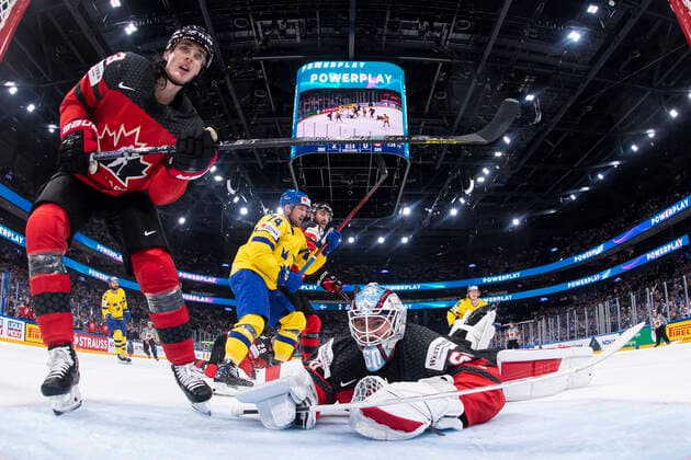 220526 Goaltender Travis Sanheim of Canada during the 2022 IIHF Ice Hockey World Championship quarterfinal game between Sweden and Canada on May 26, 2022 in Tampere Photo Maxim ThorÃ BILDBYRAN kod MT MT0402 ice hockey ice hockey ice hockey vm iihf ice hockey world championship sweden sweden canada canada bbeng quarter final quarterfinal,  Copyright: MAXIMxTHORE BB220526MT055