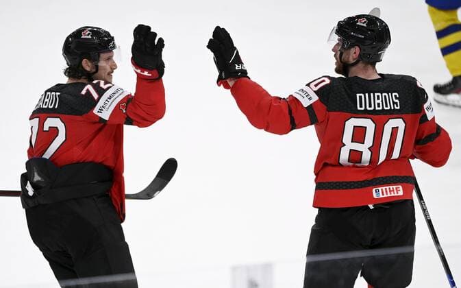 Thomas Chabot and Pierre-Luc Dubois of Canada celebrate team s second goal during the 2022 IIHF Ice hockey, Eishockey World Championships semi-final match between Sweden and Canada in Tampere on May 26, 2022. Tampere Finland LKLAPV20220526184152V305  Copyright: xVesaxMoilanenx