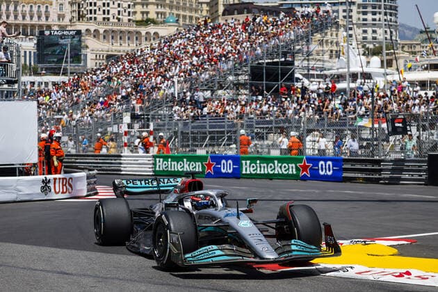 63 RUSSELL George (gbr), Mercedes AMG F1 Team W13, action during the Formula 1 Grand Prix de Monaco 2022, 7th round of the 2022 FIA Formula One World Championship, WM, Weltmeisterschaft on the Circuit de Monaco, from May 27 to 29, 2022 in Monte-Carlo, Monaco - F1 - MONACO GRAND PRIX 2022 DPPI Panoramic  00122018__DEL5384.JPG_