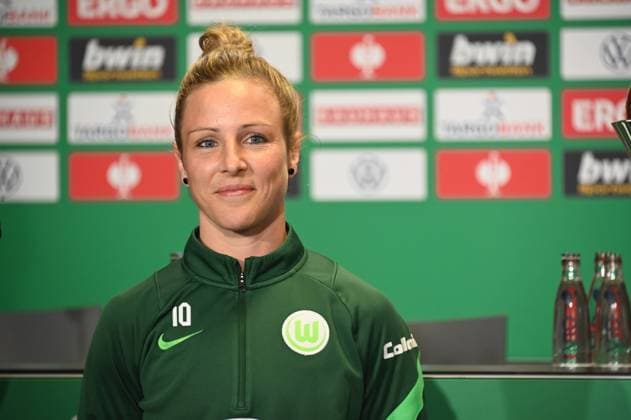 Football player Svenja Huth Vfl Wolfsburg at the closing press conference of the DFB Womens Cup Final 2022 between Vfl Wolfsburg and 1 FFC Turbine Potsdam