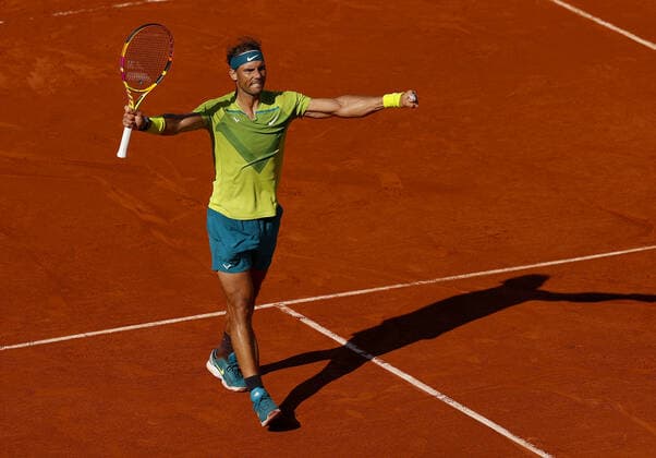 Mandatory Credit: Photo by Ella Ling Shutterstock (12956278bf) Rafael Nadal of Spain celebrates French Open Tennis, Day 6, Roland Garros, Paris, France - 27 May 2022 French Open Tennis, Day 6, Roland Garros, Paris, France - 27 May 2022  Copyright: xEllaxLing Shutterstockx 12956278bf