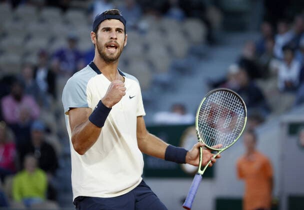 Mandatory Credit: Photo by Ella Ling Shutterstock (12956278dj) Karen Khachanov of Russia celebrates French Open Tennis, Day 6, Roland Garros, Paris, France - 27 May 2022 French Open Tennis, Day 6, Roland Garros, Paris, France - 27 May 2022  Copyright: xEllaxLing Shutterstockx 12956278dj