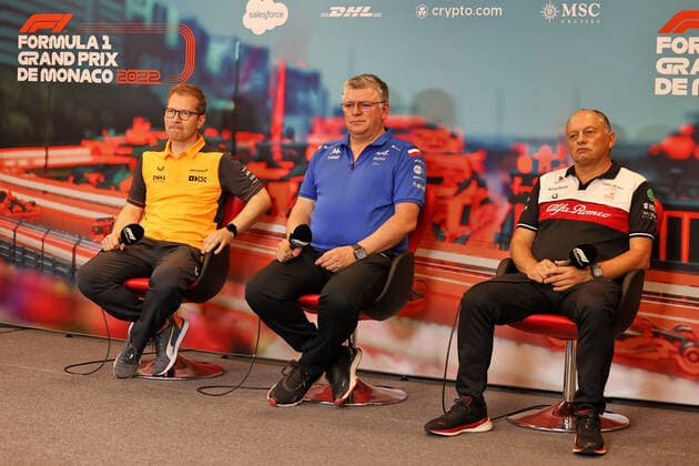 SEIDL Andreas, Team Principal of McLaren F1 Team, SZAFNAUER Otmar, Team Principal of Alpine F1 Team, VASSEUR Frederic (fra), Team Principal of Alfa Romeo F1 Team ORLEN, portrait, press conference, PK, Pressekonferenz during the Formula 1 Grand Prix de Monaco 2022, 7th round of the 2022 FIA Formula One World Championship, WM, Weltmeisterschaft on the Circuit de Monaco, from May 27 to 29, 2022 in Monte-Carlo, Monaco - F1 - MONACO GRAND PRIX 2022 DPPI Panoramic MOY12244