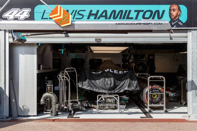View of the pit of Lewis Hamilton Mercedes AMG Petronas Motorsport , Monaco Grand Prix 2022, Motorsport, Formula 1, 28 05 2022 Monaco Grand Prix 2022, Motorsport, Formula 1, 28 05 2022 Copyright: xEibner-Pressefoto AlexanderxNeisx EP_ANS