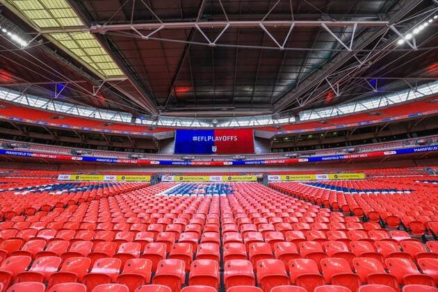 Mandatory Credit: Photo by Simon Dael Shutterstock (12959860g) Wembley Stadium, Sky bet and EFL Safer Gambling Branding Mansfield Town v Port Vale, EFL Sky Bet League Two, Final, Football, Wembley Stadium, London, UK - 28 May 2022 EDITORIAL USE ONLY No use with unauthorised audio, video, data, fixture lists, club league logos or live services. Online in-match use limited to 120 images, no video emulation. No use in betting, games or single club league player publications. Mansfield Town v Port Vale, EFL Sky Bet League Two, Final, Football, Wembley Stadium, London, UK - 28 May 2022 EDITORIAL USE ONLY No use with unauthorised audio, video, data, fixture lists, club league logos or live services. Online in-match use limited to 120 images, no video emulation. No use in betting, games or single club league player publications. Copyright: xSimonxDael Shutterstockx 12959860g