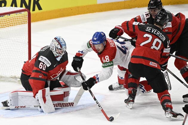 From left goalie of Canada Chris Driedger, Czech Tomas Hertl, Damon Severson of Canada in action during the 2022 IIHF Ice hockey, Eishockey World Championship, WM, Weltmeisterschaft semifinals match Czech Republic vs. Canada, Tampere, Finland, May 28, 2022. (CTKxPhoto MichalxKamaryt) CTKPhotoP2022052804063 