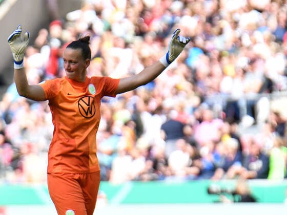 Almuth Schult 1 Vfl Wolfsburg cheers for the goal during the DFB Pokal match VFL Wolfsburg 1 FFC Turbine Potsdam on 28 05 2022 Cologne Rhein Energie Stadion North Rhine Westphalia Germany
