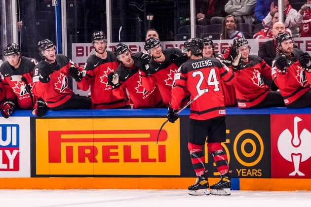 TAMPERE, FINLAND MAY 28 Dylan Cozens of Canada celebrates his goal during the 2022 IIHF Ice Hockey World Championship match between Canada and Czech Republic at Nokia Arena on May 28, 2022 in Tampere, Finland Tampere Nokia Arena Finland  Copyright: xJustPictures.ch JarixPestelaccix