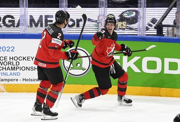Kent Johnson of Canada (R) celebrates scoring 3-1 goal with team mate Zach Whitecloud during the 2022 IIHF Ice hockey, Eishockey World Championships semi-final match between Canada and Czech Republic in Tampere on May 28th, 2022. Tampere Finland LKFTJK20220528193329QOUZ  Copyright: xEmmixKorhonenx