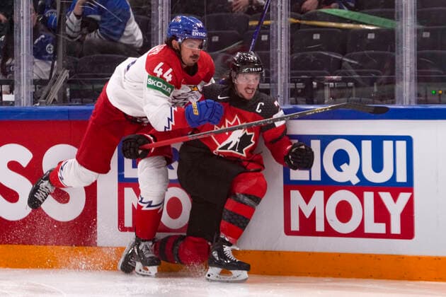 TAMPERE, FINLAND MAY 28 Matej Stransky of Czech Republic against Thomas Chabot of Canada R during the 2022 IIHF Ice Hockey World Championship match between Canada and Czech Republic at Nokia Arena on May 28, 2022 in Tampere, Finland Tampere Nokia Arena Finland  Copyright: xJustPictures.ch JarixPestelaccix
