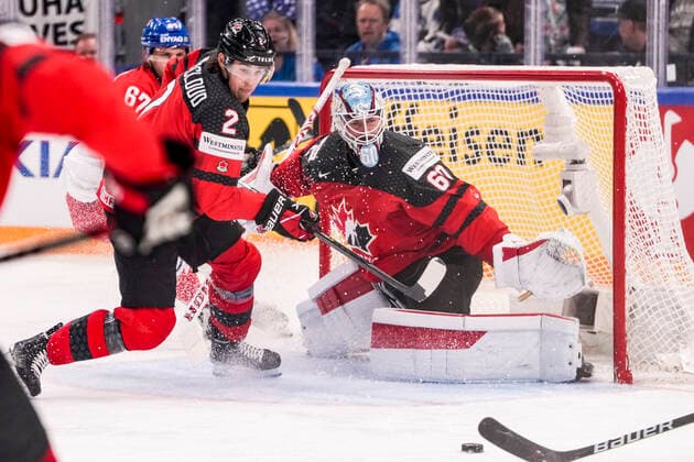 TAMPERE, FINLAND MAY 28 goalkeeper Chris Driedger of Canada in action during the 2022 IIHF Ice Hockey World Championship match between Canada and Czech Republic at Nokia Arena on May 28, 2022 in Tampere, Finland Tampere Nokia Arena Finland  Copyright: xJustPictures.ch JarixPestelaccix
